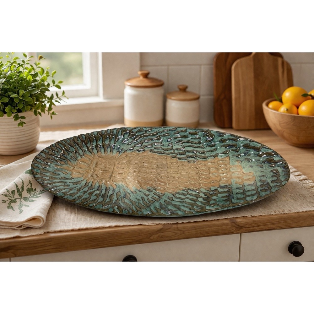 Handmade Art Pottery Long Tray‎ With Dragonfly Beautiful Colors!